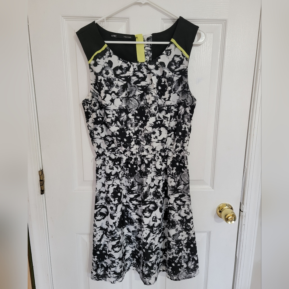 Maurices Black Floral Blouson Dress (medium) with Neon Green Trim